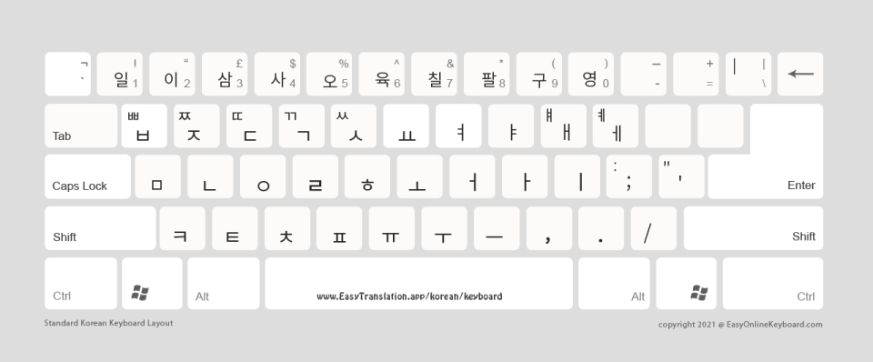 Unicode keyboard in a light background theme ideal for printing.